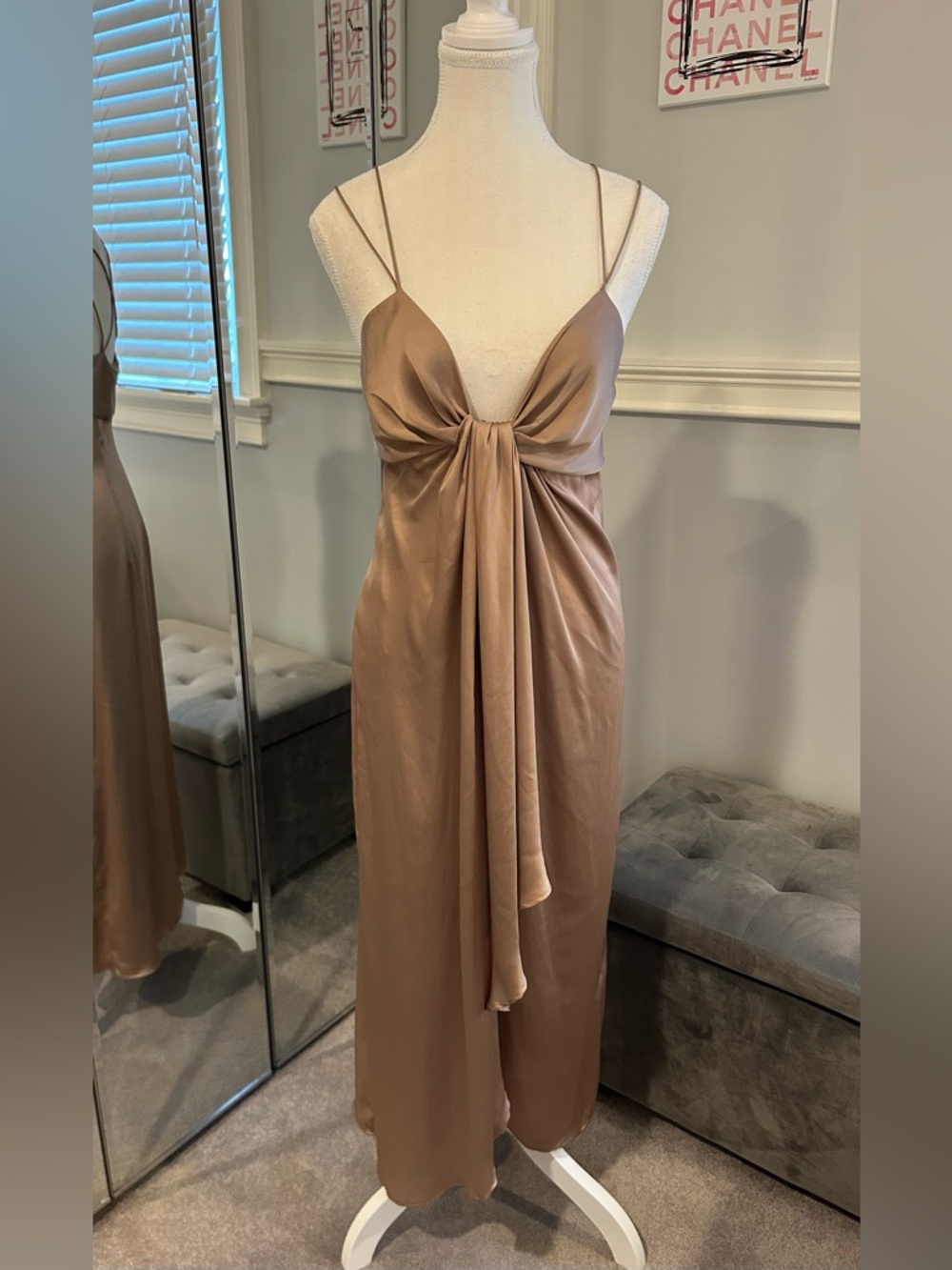 Zara Satin Knotted Draped Slip Dress in Tan size XS New